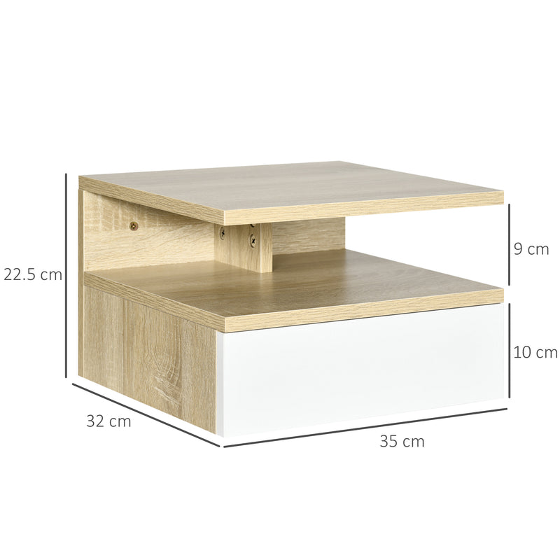 Set da 2 Comodini Sospesi con Cassetto e Ripiano Superiore 35x32x22,5 cm in Legno Bianco e Rovere-3