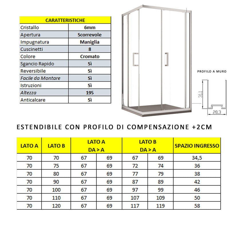 Box Doccia Angolare 2 Ante Scorrevoli in Cristallo trasparente 6mm H195 Bonussi Sasha Varie Misure-4