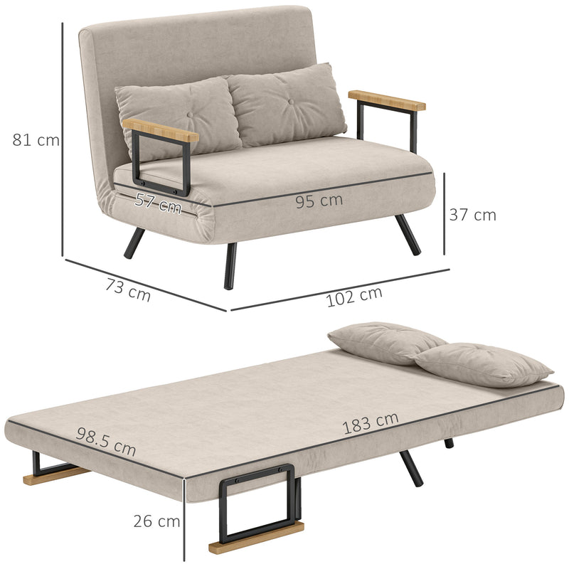 Divano Letto con Schienale Reclinabile e 2 Cuscini in Tessuto Effetto Velluto Bianco Crema  -3