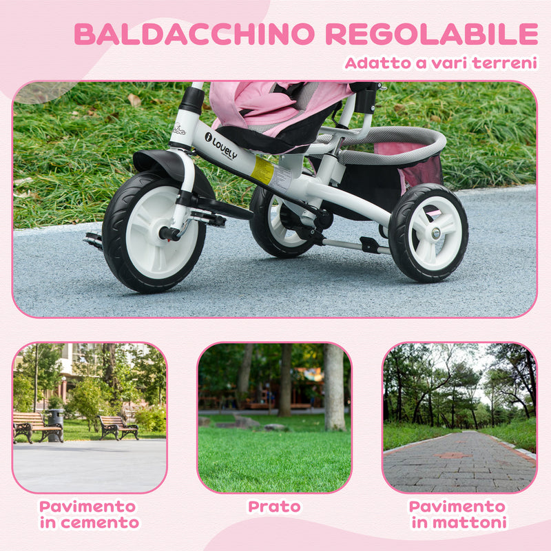 Triciclo per Bambini 1-5 Anni 102x49x102 cm con Maniglione e Tettuccio Regolabile Bianco e Rosa-6