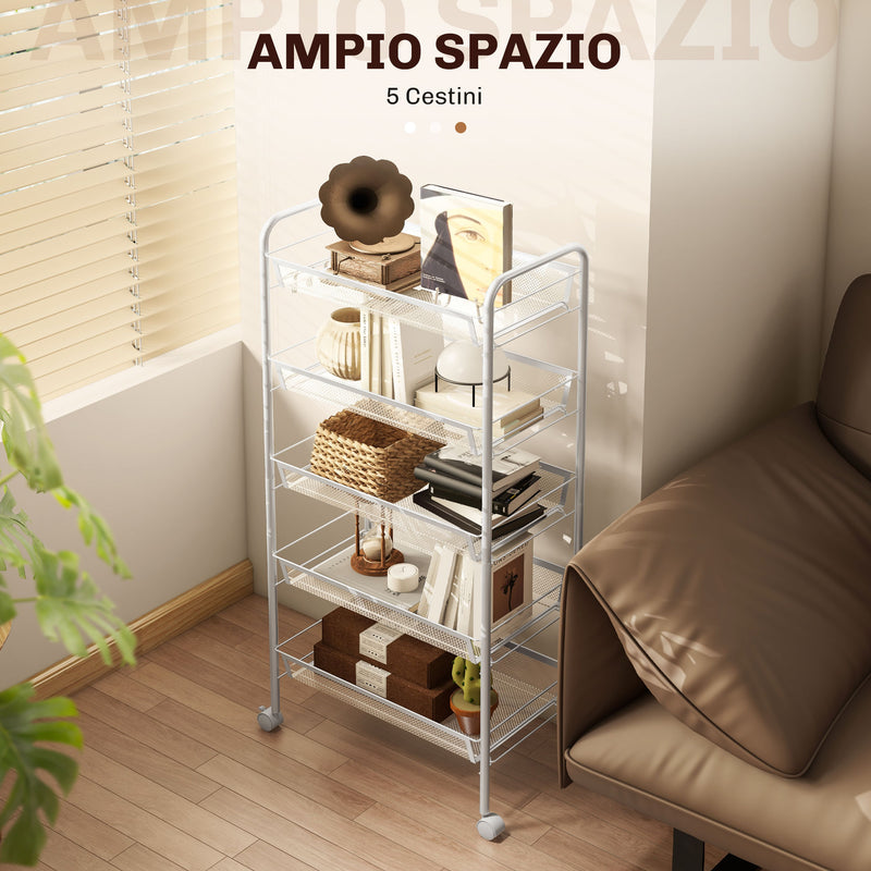 Carrello da Cucina Salvaspazio 5 Livelli con Cestini a Rete in Acciaio 45x26,5x106 cm Bianco -4