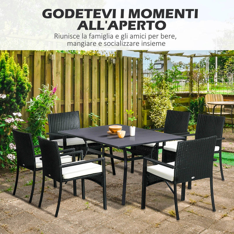 Set Tavolo e 6 Sedie da Giardino con Cuscini in Acciaio Rattan PE Nero e Beige-4