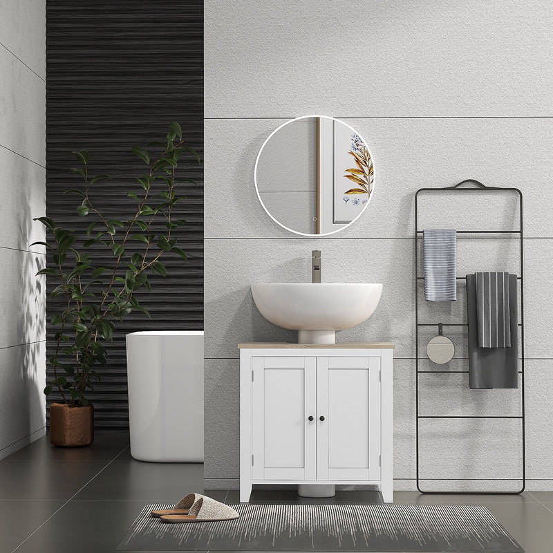 Mobile Sottolavabo Bagno a U con Ripiano Regolabile Interno 60x30x60 cm in MDF Bianco e Legno-7