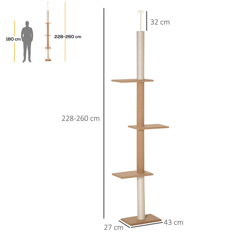 Albero Tiragraffi per Gatti a Soffitto 4 Livelli 43x27x228-260cm Altezza Regolabile Marrone-3