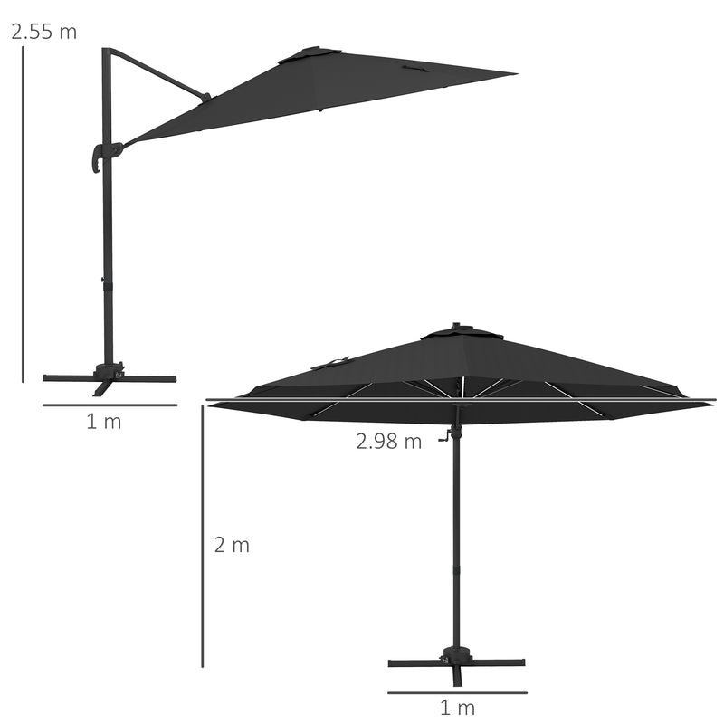 Ombrellone a Braccio per Esterno con Luci a LED e Angolo Regolabile Ø3x2,5 m in Alluminio e Poliestere Grigio-3