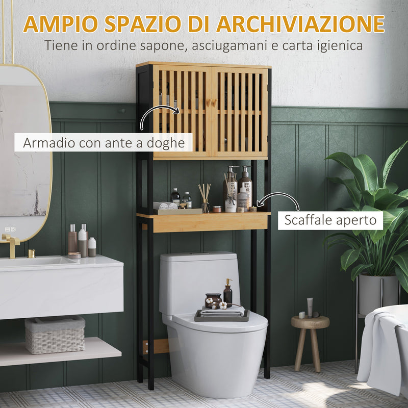 Mobile Sopra WC con Armadietto 2 Ante a Doghe e Ripiano Aperto 60x21,5x172 cm in Bambù e MDF Legno Naturale e Nero-4