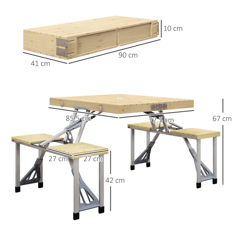 Tavolo da Picnic Pieghevole con Sgabelli Integrati e Foro per Ombrellone in Alluminio e Legno-3