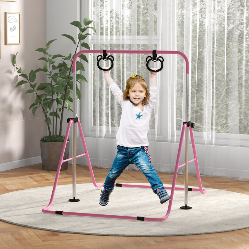 Sbarra per Ginnastica Artistica per Bambini Altezza Regolabile 88-128 cm 2 Anelli Rosa  -2