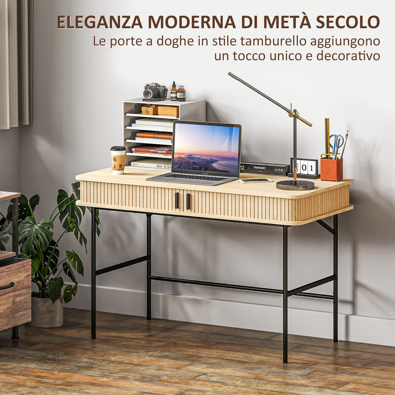 Scrivania con Cassetto ad Ante Scorrevoli 120x60x76,5cm in Legno Canettato Rovere e Nero  -4