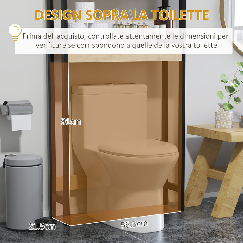 Mobile Sopra WC con Armadietto 2 Ante a Doghe e Ripiano Aperto 60x21,5x172 cm in Bambù e MDF Legno Naturale e Nero-5