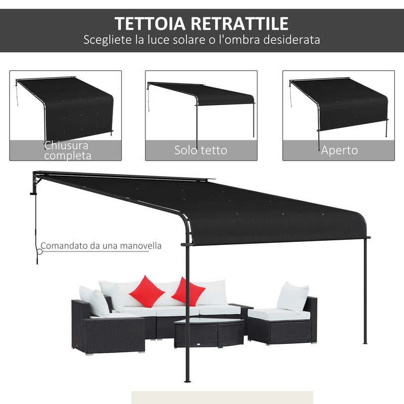 Pergola Addossata 3x4 m con Tettoia Retrattile e Manovella in Acciaio e Poliestere Grigio Scuro-4