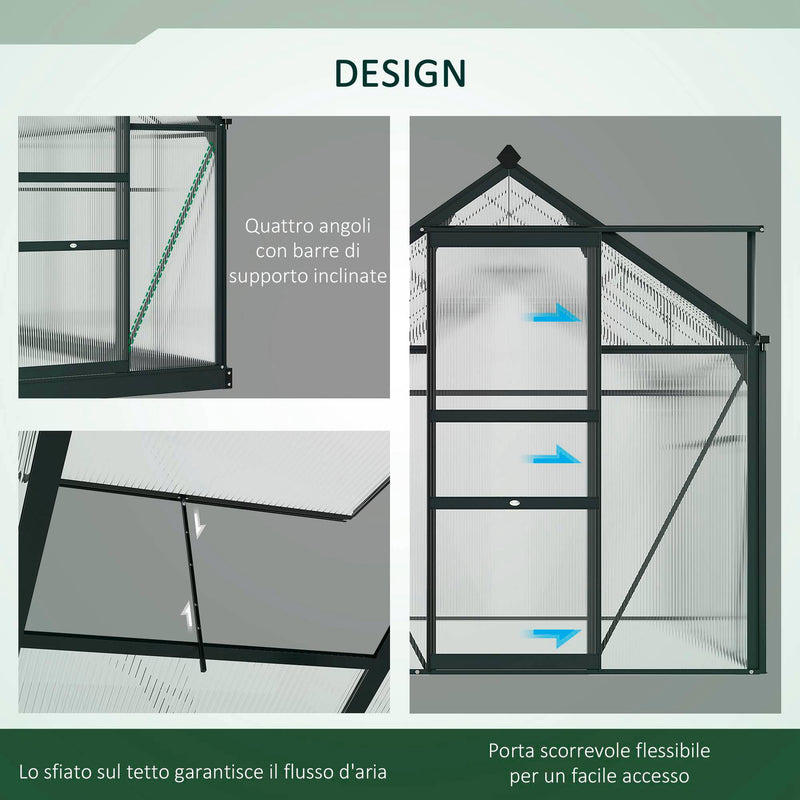 Serra in Policarbonato e Alluminio con Porta Scorrevole 1,9x1,9x2m Presa d'Aria e Grondaia Grigio-4