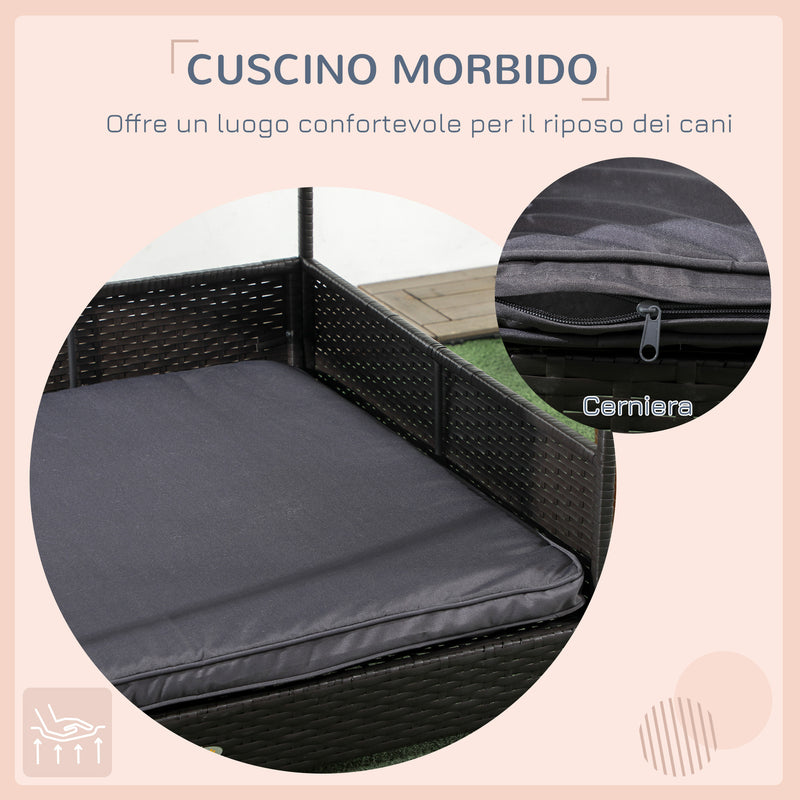 Casetta per Cani Rialzata con Cuscino Sfoderabile 117x85x89 cm in Rattan PE e Acciaio Grigio e Marrone-8