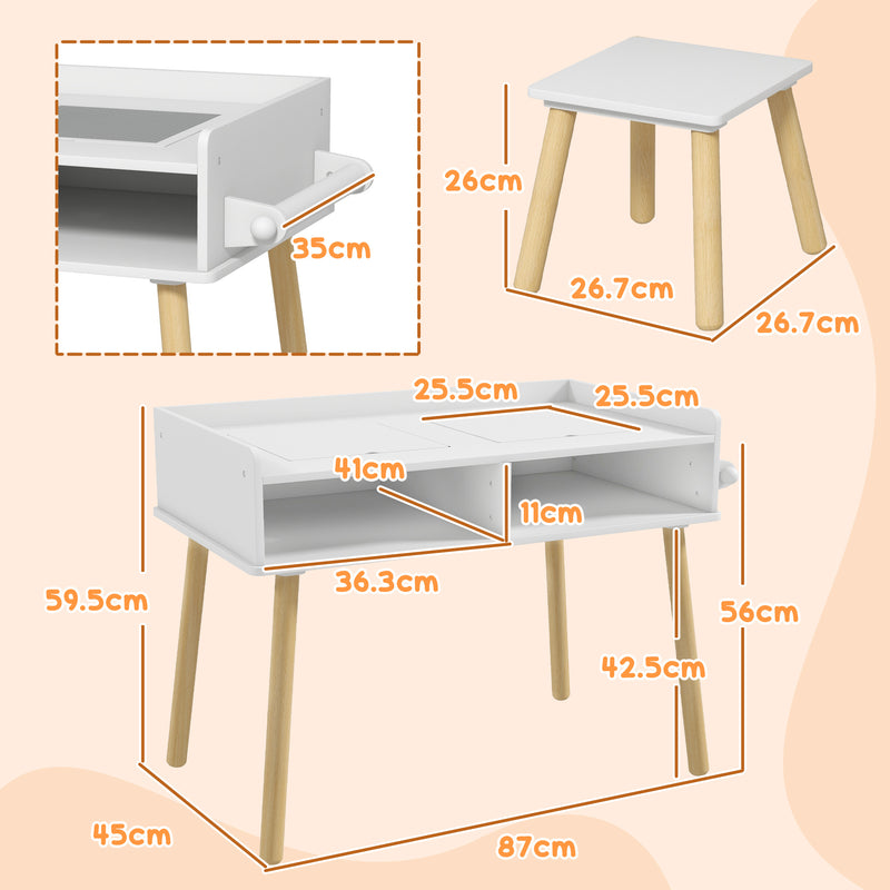 Set Tavolino con Sgabello per Bambini Banchetto con Piano Reversibile e Rotolo di Carta Bianco-3