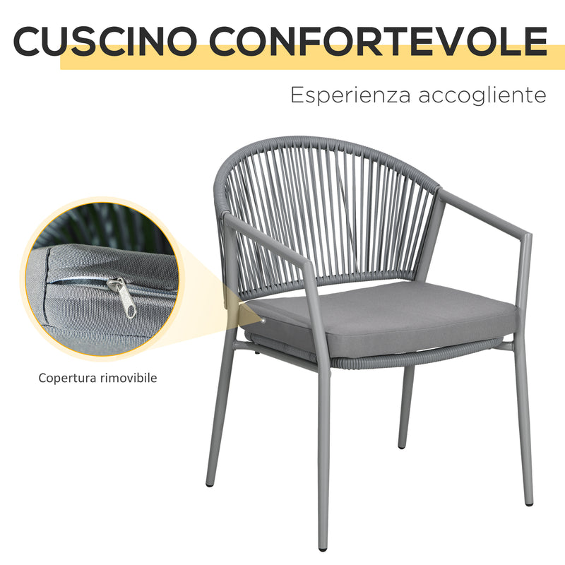 Set Tavolino e 2 Sedie con Cuscini da Giardino in Rattan PE Grigio-5