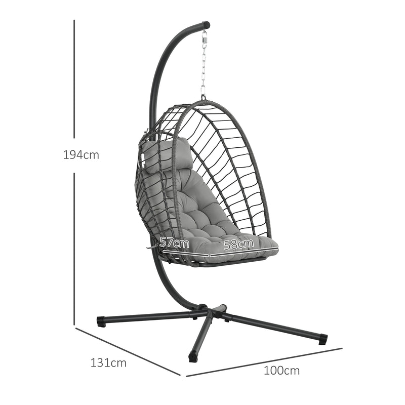 Dondolo Pensile da Giardino in Rattan PE con Cuscino Seduta Pieghevole e Struttura in Acciaio Grigio-3