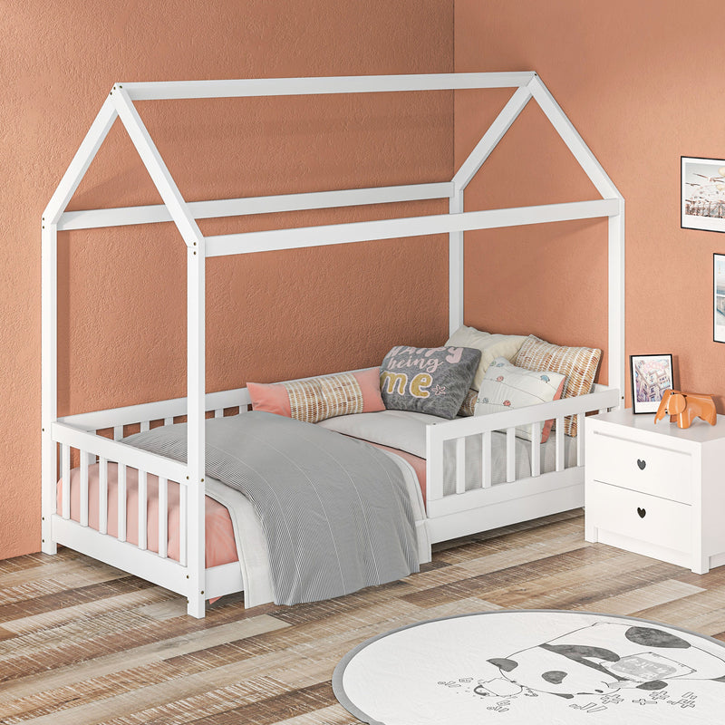 Letto Singolo per Bambini Casetta 96x195x165 cm con Doghe e Recinzione in Legno di Pino Bianco -2