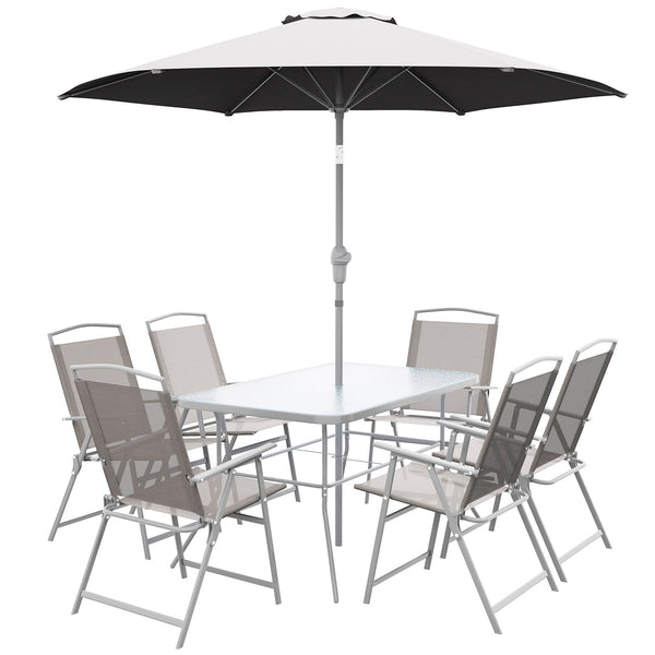 Set Tavolo con Top in Vetro 6 Sedie Pieghevoli e Ombrellone a Manovella da Giardino in Metallo e Rete Grigio sconto