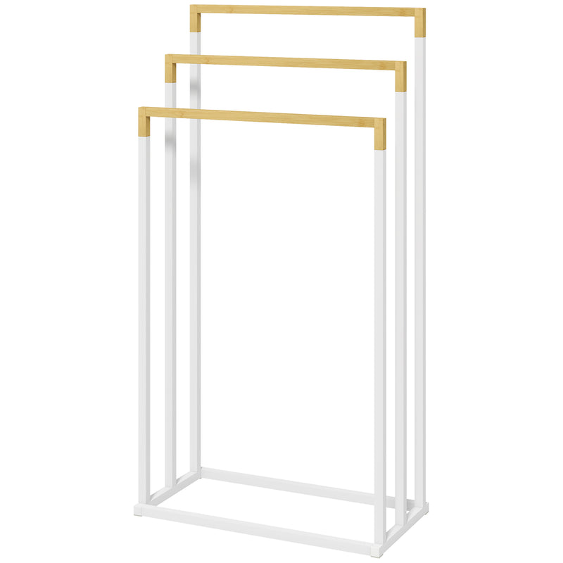 Portasciugamani Autoportante a 3 Sbarre 45x22,5x86 cm in Bambù e Acciaio Bianco e Legno-1