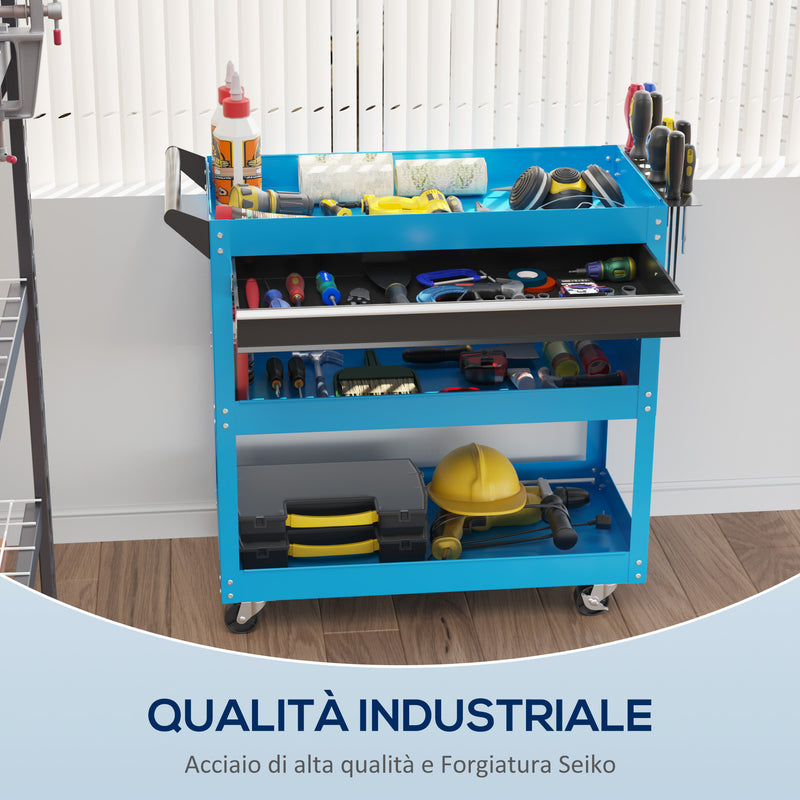 Carrello Porta Attrezzi con Manico Laterale 3 Ripiani e Cassetto 82x35x76 cm in Acciaio Blu -6