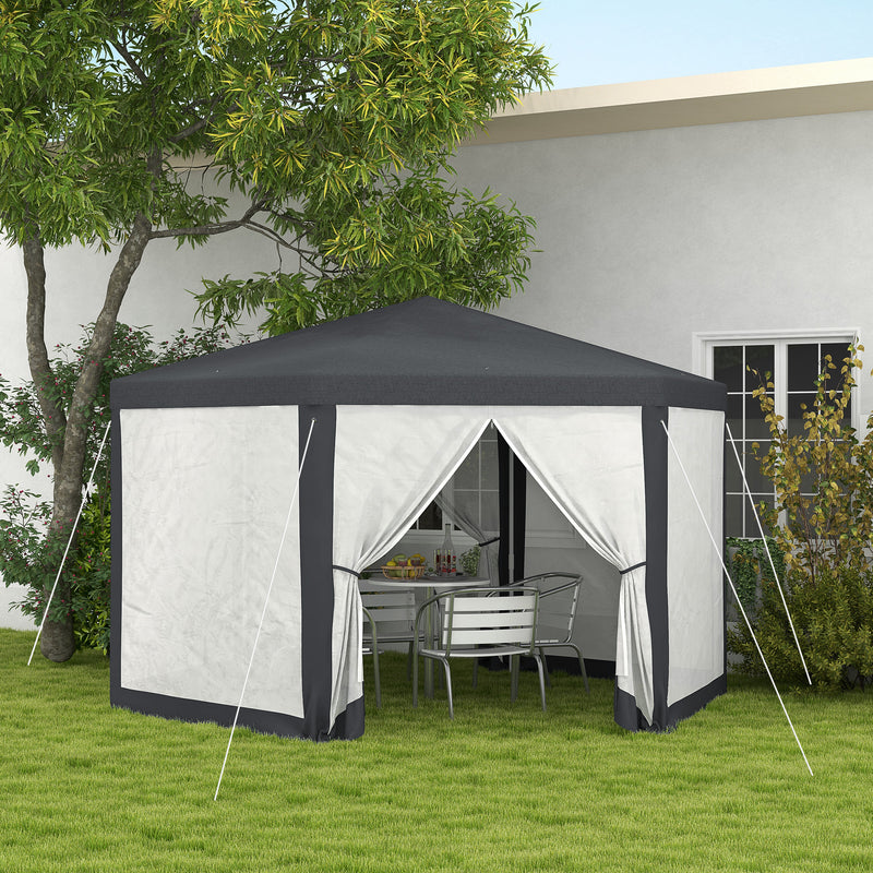 Gazebo da Giardino Esagonale con Doppio Ingresso 3.94x3.94x2.5 m in Metallo e Poliestere Grigio-2