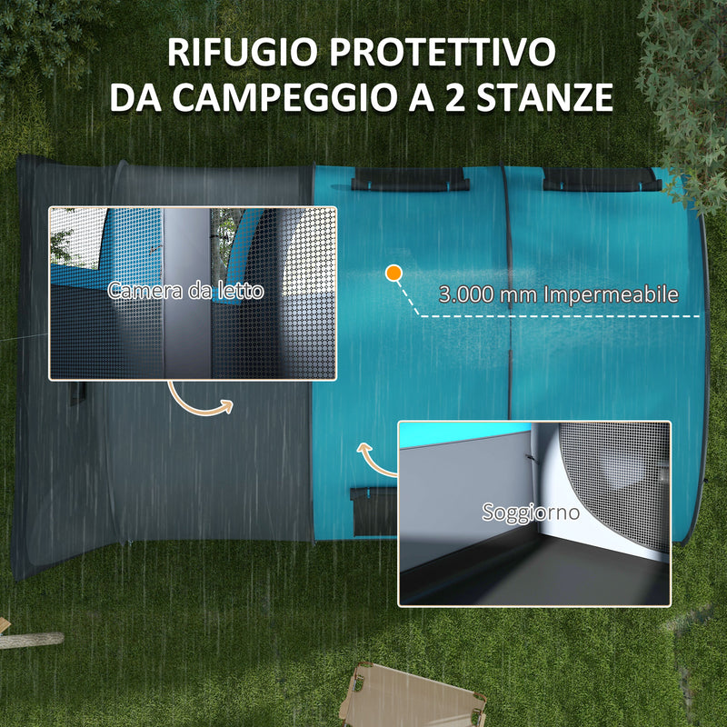 Tenda da Campeggio 5 Posti Impermeabile con Zona Notte e Giorno 480x260x200 cm in Poliestere Grigio e Blu-4