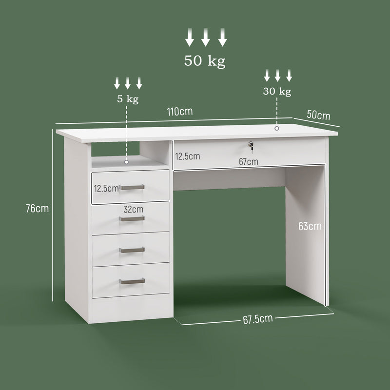 Scrivania Moderna 5 Cassetti con Serratura e 2 Chiavi 110x50x76 cm in Truciolato Bianco-3