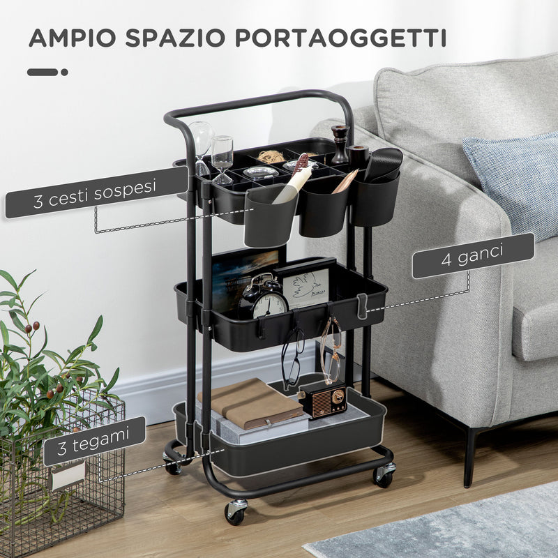 Carrello da Cucina Multiuso 3 Livelli con Accessori Nero  -4