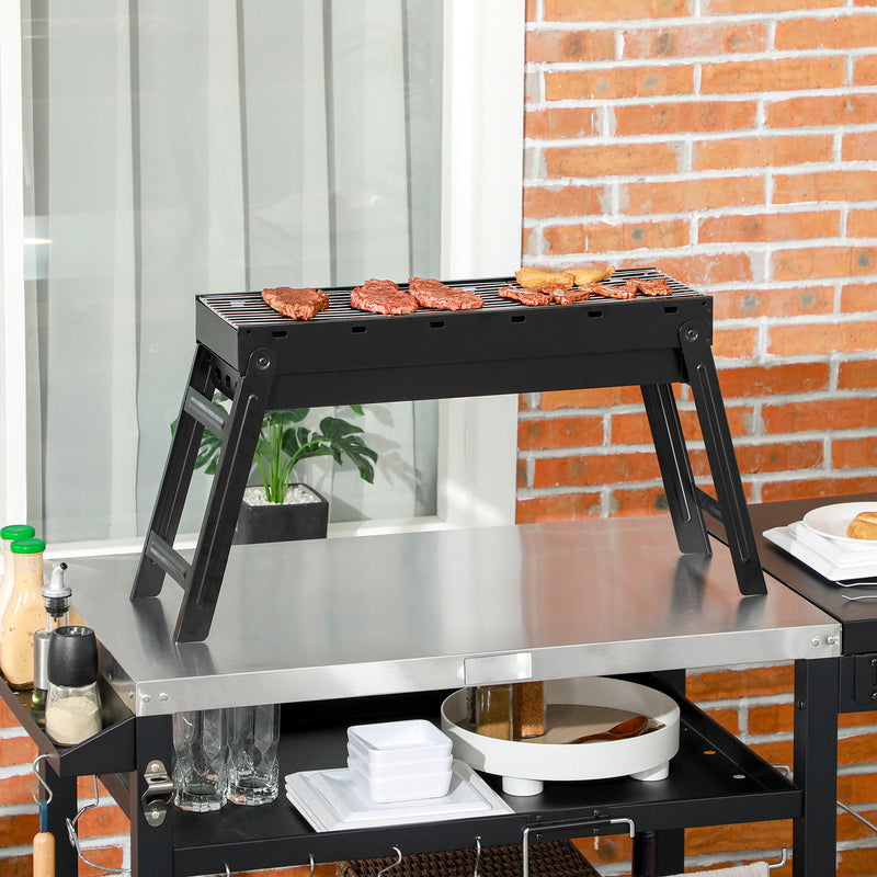 Barbecue a Carbonella Portatile con Gambe Pieghevoli e Vassoio Estraibile 74x20x38 cm in Metallo Nero-2