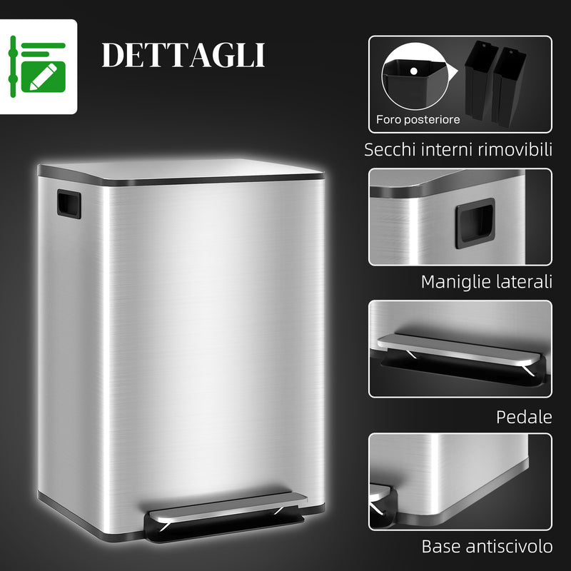 Pattumiera a Pedale 2 Sezioni 30L 47,7x37,5x66,8 cm in Acciaio Inox e PP  -7