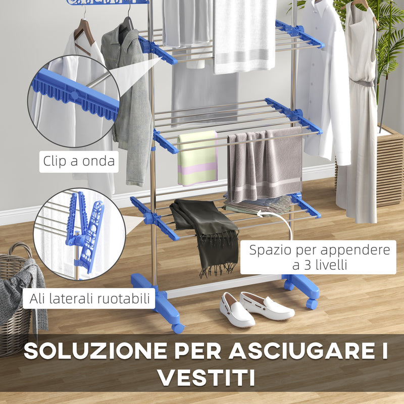 Stendino Verticale 3 Ripiani Regolabili 142x55x152 cm in Acciaio e Plastica Blu e Argento  -5