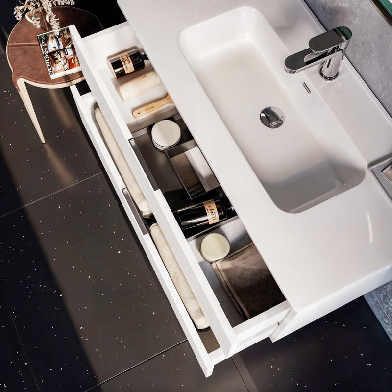 Mobile bagno sospeso 100 cm Bianco lavabo nero opaco Seattle con Specchio Bonussi-2