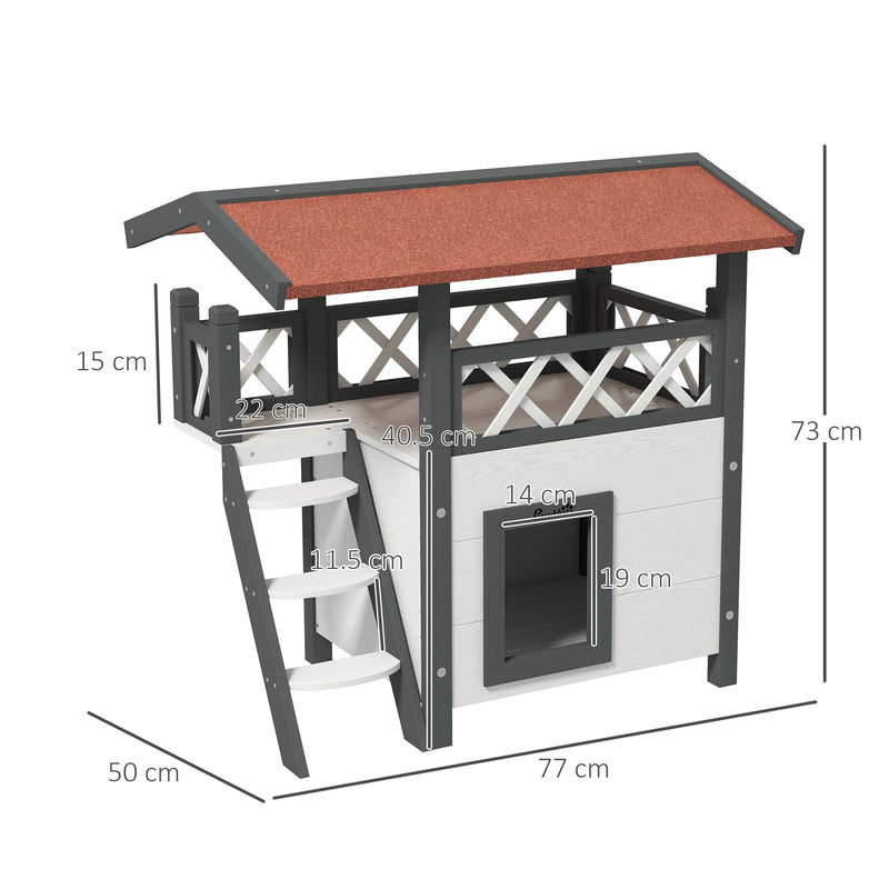 Casetta per Gatti da Esterno con Terrazza e Scaletta 77x50x73 cm in Legno Bianco e Grigio-3