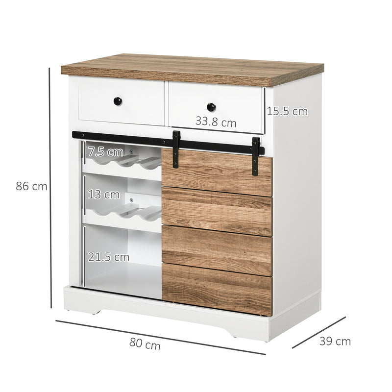 Mobile da Cucina Rustico con 2 Cassetti Ripiani e Portabottiglie 80x39x86 cm in Legno e Metallo Bianco-3