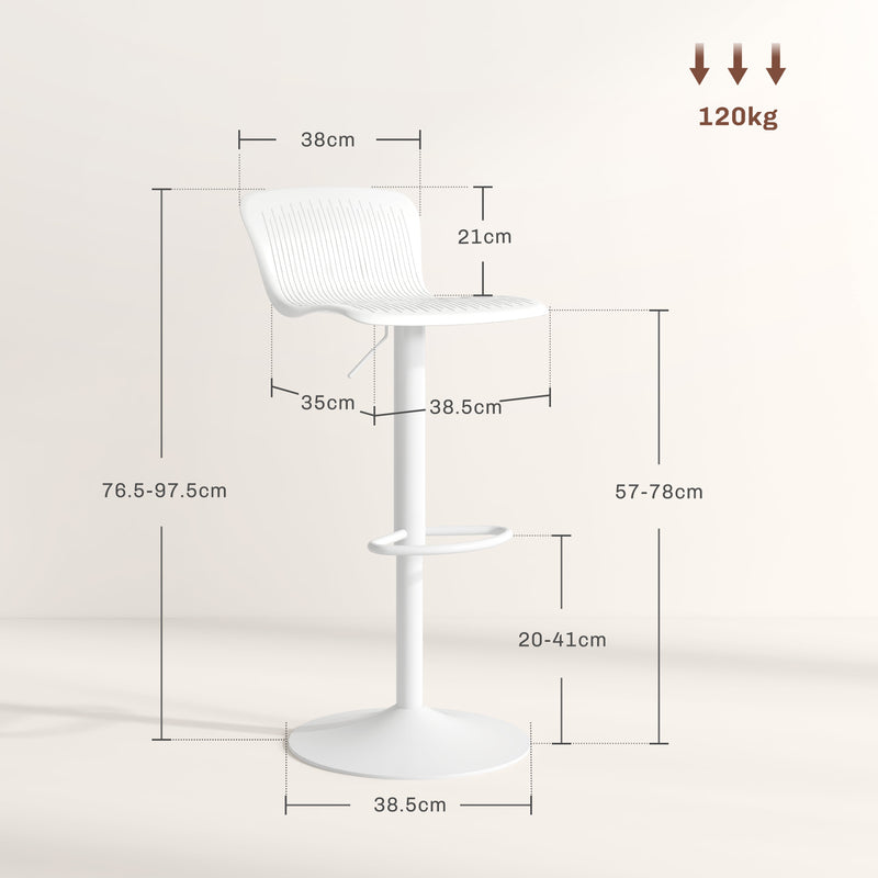 Set 2 Sgabelli da Bar con Schienale Altezza Regolabile 76,5-97,5 cm in PP Bianco-3