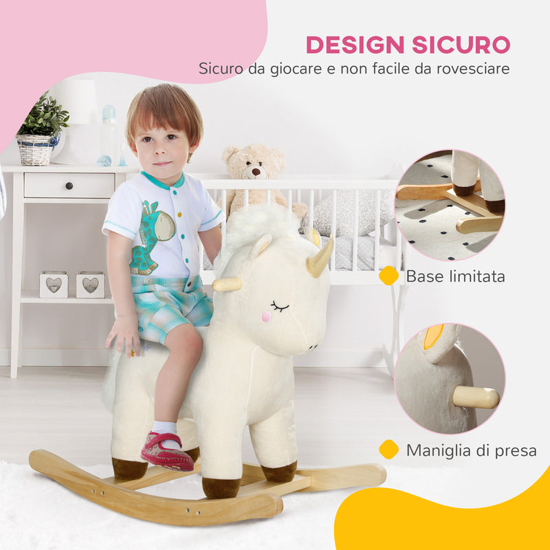 Cavallo a Dondolo per Bambini in Legno e Peluche Unicorno Bianco  -5