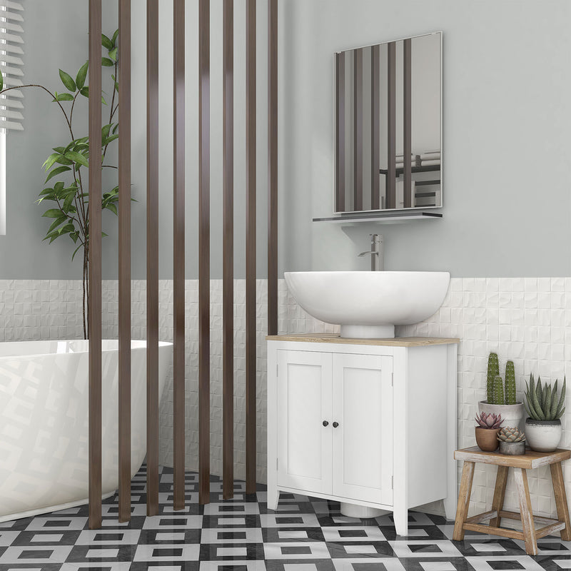 Mobile Sottolavabo Bagno a U con Ripiano Regolabile Interno 60x30x60 cm in MDF Bianco e Legno-8