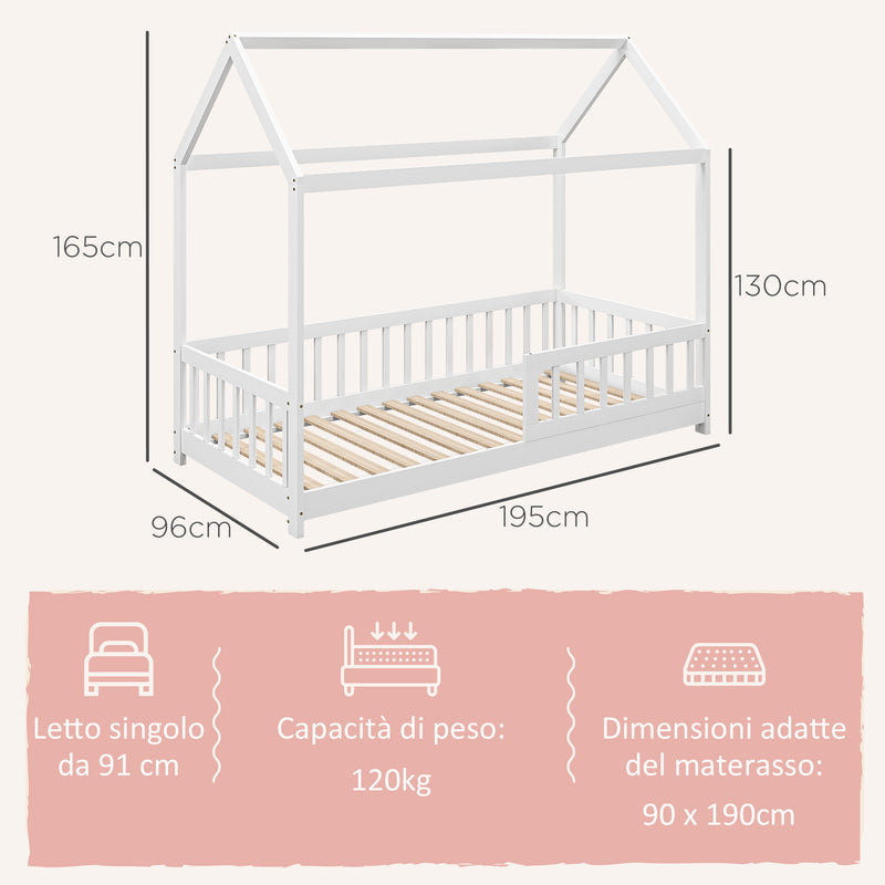 Letto Singolo per Bambini Casetta 96x195x165 cm con Doghe e Recinzione in Legno di Pino Bianco -3