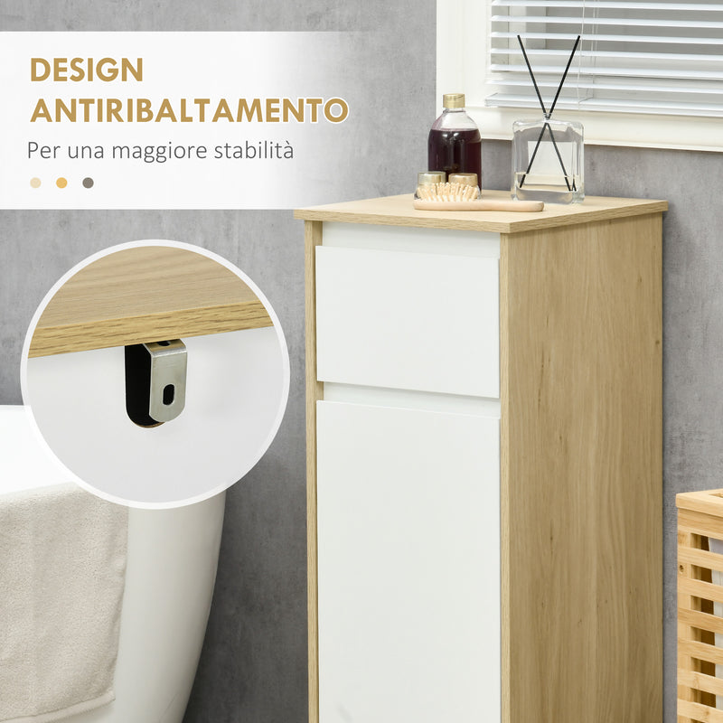 Mobile Bagno con Cassetto e Armadietto con Ripiano Regolabile Interno 32,6x30x90 cm in MDF Bianco e legno naturale-5