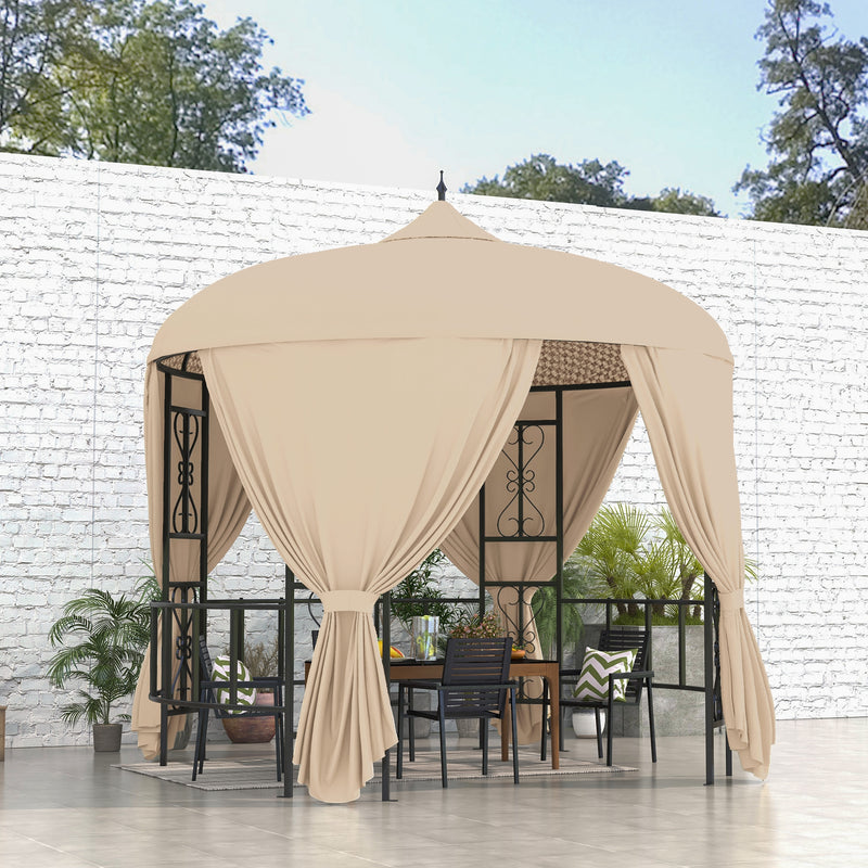 Gazebo da Giardino Rotondo Ø3m con Tende e Prese d'Aria in Metallo e Poliestere Beige-2