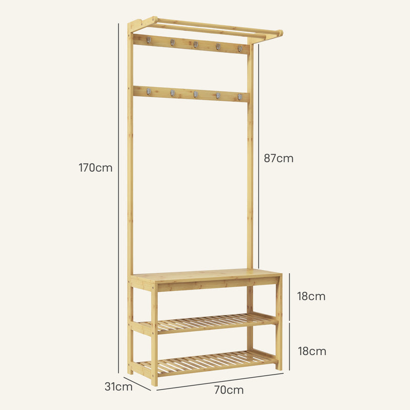 Mobile Appendiabiti da Terra con Ganci Aste e Scarpiera in Bambù 70x31x170 cm Marrone -3