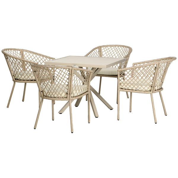 sconto Set Tavolo e 4 Poltrone da Giardino con Cuscini in Acciaio e Rattan PE Khaki