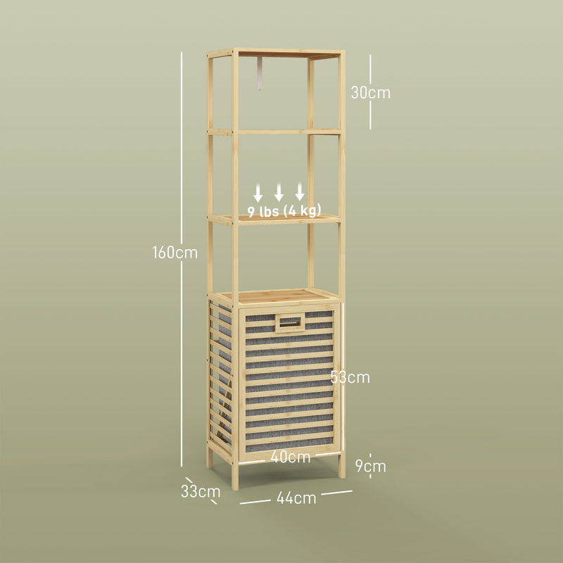 Colonna Bagno con 3 Ripiani e Cesto Portabiancheria in Tessuto 44x33x160 cm in Legno di Bambù -3