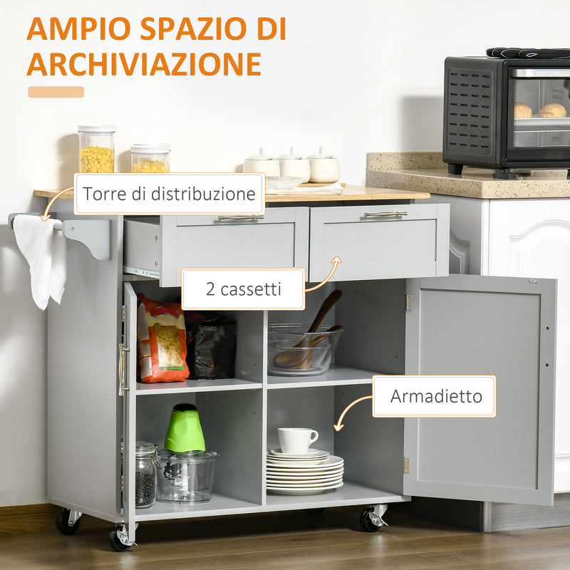 Carrello Isola da Cucina 2 Cassetti e Armadietto Piano in Legno 104x46x91 cm Grigio  -4