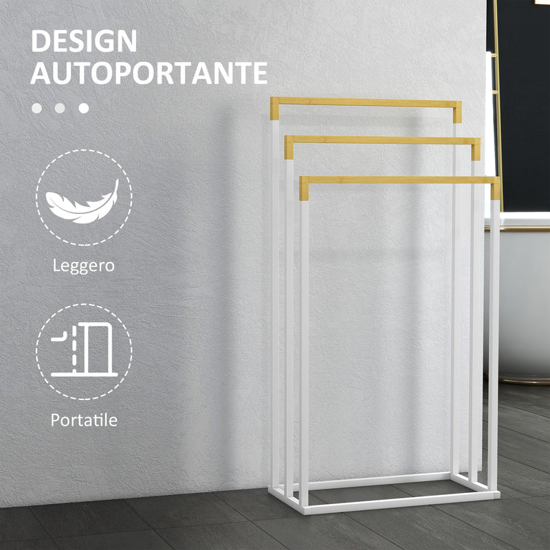 Portasciugamani Autoportante a 3 Sbarre 45x22,5x86 cm in Bambù e Acciaio Bianco e Legno-6