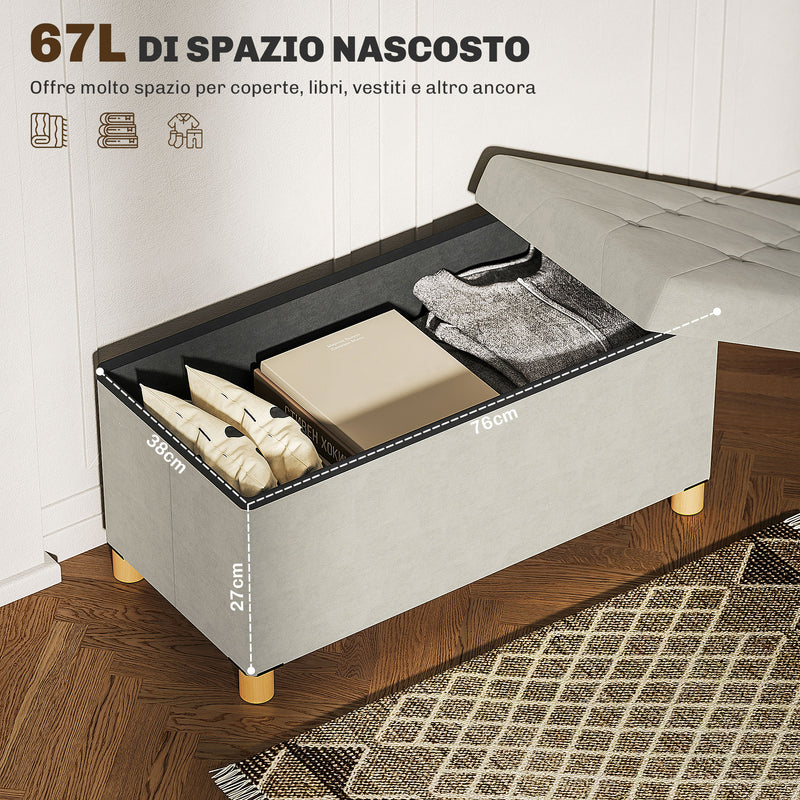 Panca Contenitore Pieghevole 67L 76x38x38cm Rivestimento Effetto Velluto Bianco Crema-4