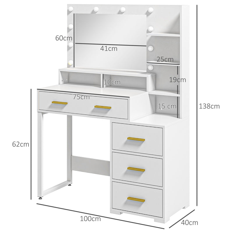 Tavolo da Trucco in Legno 100x40x138 cm con 4 Cassetti 6 Ripiani Aperti e Specchio Bianco-3