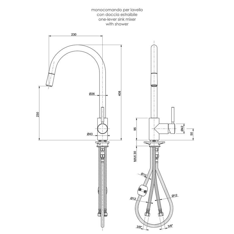 Rubinetto Miscelatore Monocomando Girevole Lavello Alto con Doccia Estraibile in Ottone Cromato Bonussi-3