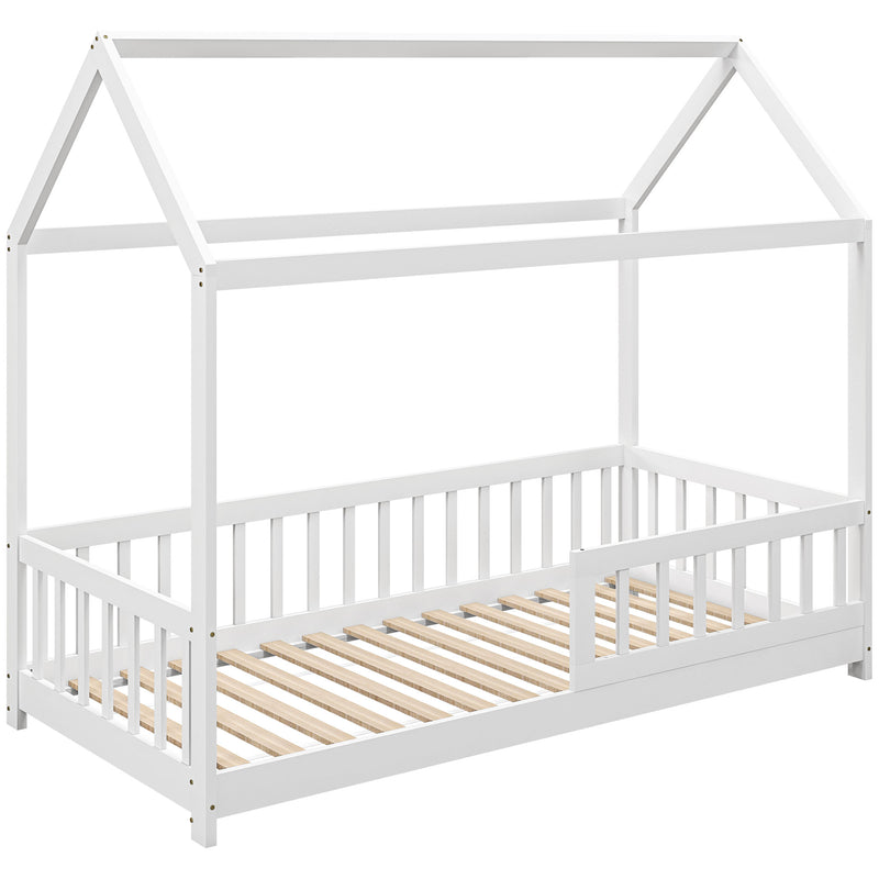 Letto Singolo per Bambini Casetta 96x195x165 cm con Doghe e Recinzione in Legno di Pino Bianco -1