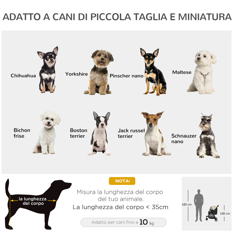 Passeggino per Cani Piccoli Pieghevole con Copertura Antipioggia a 3 Ruote Cachi  -4